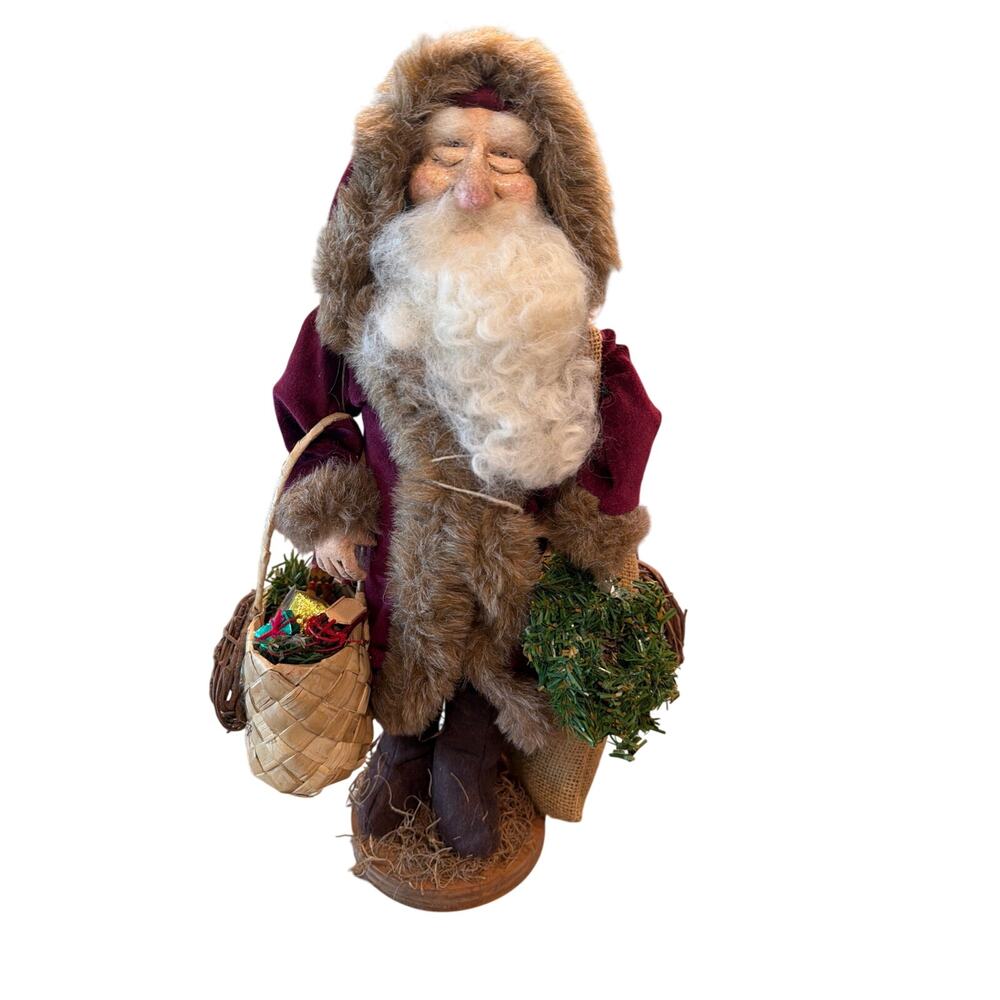 Handcrafted Rustic Father Christmas Santa Figure with Basket, WreathBurlap  Sack